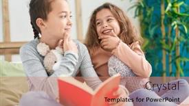  Presentation with kids reading book - Presentation theme featuring two-kids-reading-story-book background and a coral colored foreground