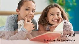  Presentation with kids reading book - Presentation theme featuring two-kids-reading-story-book background and a coral colored foreground