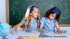  Presentation with cheating - Cool new slides with two kids students cheating backdrop and a light blue colored foreground