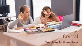  Presentation with saying - PPT layouts enhanced with two-kids-students-having-online background and a coral colored foreground