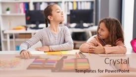  Presentation with notebook paper - Presentation theme with two-kids-students-sitting background and a coral colored foreground
