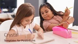  Presentation with notebook paper - Presentation theme featuring two-kids-students-sitting background and a coral colored foreground