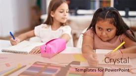  Presentation with notebook paper - Presentation theme featuring two-kids-students-sitting background and a coral colored foreground