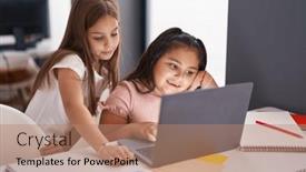  Presentation with students - Slide deck with two-kids-students-using-laptop background and a coral colored foreground