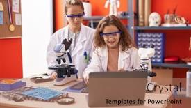  Presentation with microscope - Presentation theme having two-kids-students-using-microscope background and a coral colored foreground