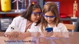  Presentation with smartphones - Presentation design having two-kids-students-using-smartphones background and a coral colored foreground