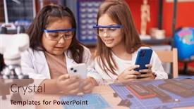  Presentation with smartphones - Presentation theme having two-kids-students-using-smartphones background and a coral colored foreground