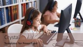  Presentation with kids - PPT layouts enhanced with two-kids-students-wearing-headphones background and a coral colored foreground