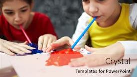 Presentation with plastic straws - Beautiful PPT theme featuring two kids taking in slimes through plastic straws backdrop and a coral colored foreground