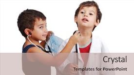  Presentation with kids health - Slides featuring two kids with health examination by stethoscope background and a mint green colored foreground