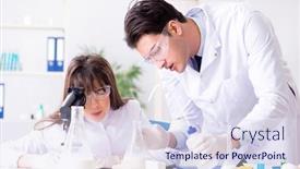  Presentation with testing - Colorful PPT theme enhanced with lab doctor testing food products backdrop and a sky blue colored foreground