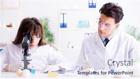  Presentation with testing - Cool new slide set with two-lab-doctor-testing-food backdrop and a sky blue colored foreground