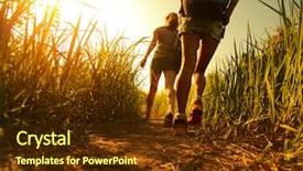  Presentation with two paths - Amazing slide deck having two ladies hikers walking backdrop and a tawny brown colored foreground