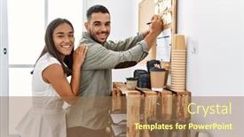  Presentation with corkboard - Slide deck consisting of two-latin-business-workers-smiling background and a coral colored foreground