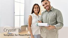  Presentation with working - Theme enhanced with two-latin-business-workers-smiling background and a soft green colored foreground