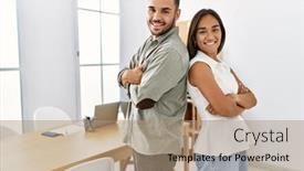  Presentation with office workers - Presentation design enhanced with two-latin-business-workers-smiling background and a coral colored foreground