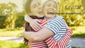  Presentation with hug - Slide deck with two-laughing-girlfriends-hug-each background and a yellow colored foreground