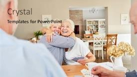  Presentation with hug - Beautiful presentation design featuring two-laughing-senior-women-hug backdrop and a soft green colored foreground