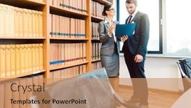  Presentation with law case - Theme enhanced with two-lawyers-in-library background and a coral colored foreground