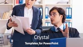  Presentation with hand shake law office - PPT theme featuring two-lawyers-working background and a navy blue colored foreground