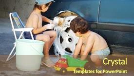  Presentation with car cleaning - Colorful PPT layouts enhanced with two little boys are cleaning backdrop and a tawny brown colored foreground