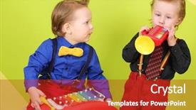  Presentation with trumpet - Slide deck enhanced with two little boys in bright clothes with children musical instruments trumpet and metallophone background and a crimson colored foreground