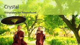  Presentation with green tree - Cool new presentation theme with two little buddhist monks running backdrop and a yellow colored foreground