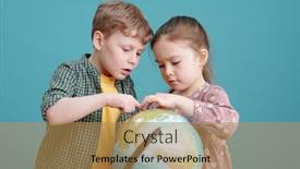  Presentation with globe - PPT theme with two-little-children-examining background and a coral colored foreground