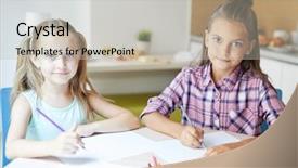  Presentation with crayons - Slide set enhanced with two little diligent sisters sitting background and a light gray colored foreground