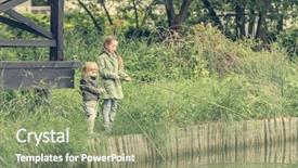  Presentation with fisher - Cool new presentation theme with two little fisher girls with rods on a river bank backdrop and a seafoam green colored foreground