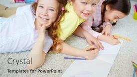  Presentation with cute - Slides featuring two little girls and cute boy lying on the floor and drawing background and a soft green colored foreground