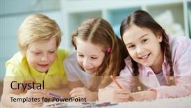  Presentation with cute - Audience pleasing presentation theme consisting of two little girls and cute boy lying on the floor and drawing backdrop and a coral colored foreground