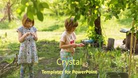  Presentation with community - Audience pleasing PPT theme consisting of two-little-girls-gardening backdrop and a tawny brown colored foreground
