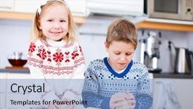  Presentation with christmas kids - Slides with two little kids baking christmas cookies background and a light blue colored foreground