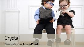  Presentation with chairs - Presentation theme featuring two little kids in glasses background and a light gray colored foreground