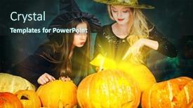  Presentation with witches - PPT theme enhanced with two little witches playing with pumpkins halloween party background and a tawny brown colored foreground