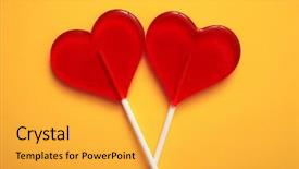  Presentation with candy heart - Cool new PPT layouts with two lollipops red hearts candy backdrop and a yellow colored foreground