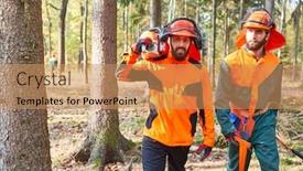  Presentation with chainsaw - Theme featuring two-lumberjacks-in-protective-gear background and a coral colored foreground