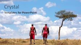  Presentation with tribal - PPT theme consisting of two-maasai-tribesmen-walking-through background and a light blue colored foreground