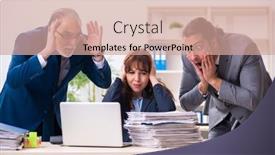  Presentation with employees - Colorful slide set enhanced with two-male-and-one-female backdrop and a coral colored foreground