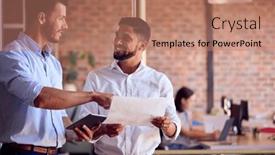  Presentation with busy - PPT theme with two-male-business-colleagues background and a coral colored foreground