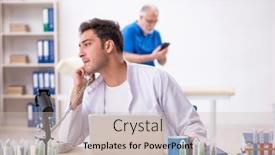  Presentation with drugs - Presentation theme featuring two-male-chemists-in-drugs background and a soft green colored foreground