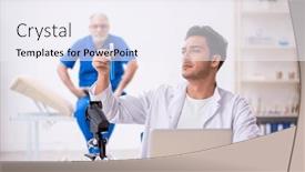  Presentation with drugs - Slide set having two-male-chemists-in-drugs background and a sky blue colored foreground