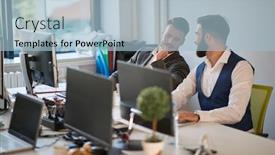  Presentation with work - Theme having two-male-colleagues-gossip background and a light blue colored foreground