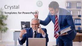  Presentation with employee month - Presentation with two-male-colleagues-in-employee background and a sky blue colored foreground