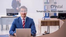  Presentation with employee month - Slide deck consisting of two-male-colleagues-in-employee background and a sky blue colored foreground