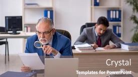  Presentation with office - PPT theme with two-male-colleagues-working background and a coral colored foreground