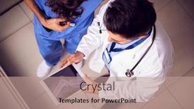  Presentation with digital hospital - PPT layouts featuring two-male-doctors-having-informal background and a coral colored foreground