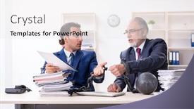  Presentation with employees - PPT theme featuring two-male-employees-unhappy background and a white colored foreground