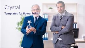  Presentation with employees - PPT theme featuring two-male-employees-working background and a sky blue colored foreground